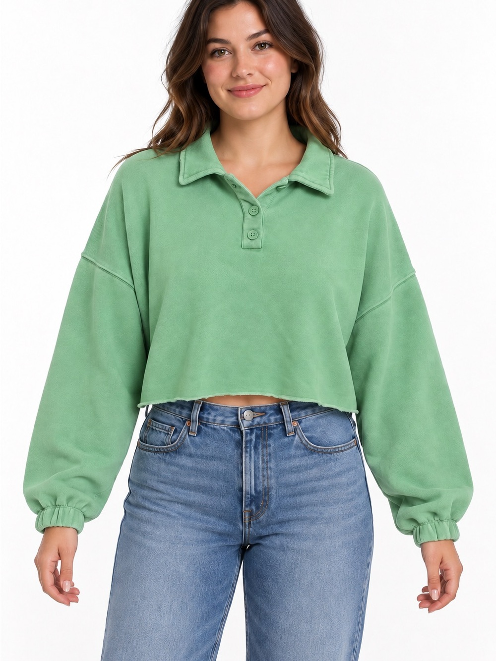 Aerie Washed Mint Green Oversized Cropped Polo Sweatshirt Medium